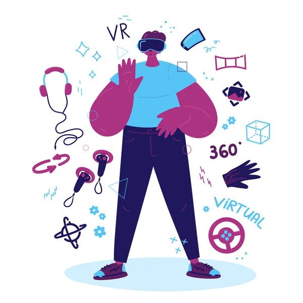 Enthusiastic man using a virtual realityVR headset — Stock Vector