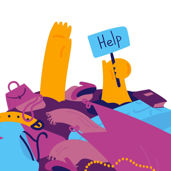 Man is stuck in a bunch of clothes with help sign