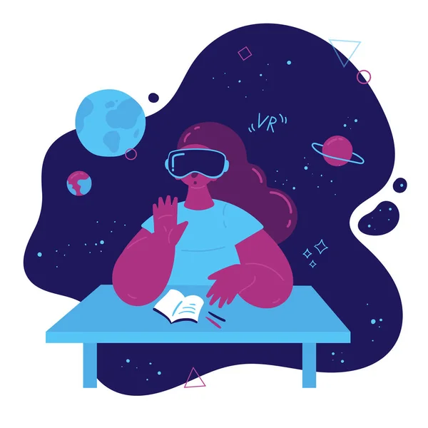 Tiener studeert astronomie in vr-bril — Stockvector