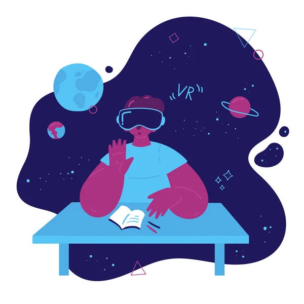 Menino estuda astronomia em óculos de realidade virtual —  Vetores de Stock