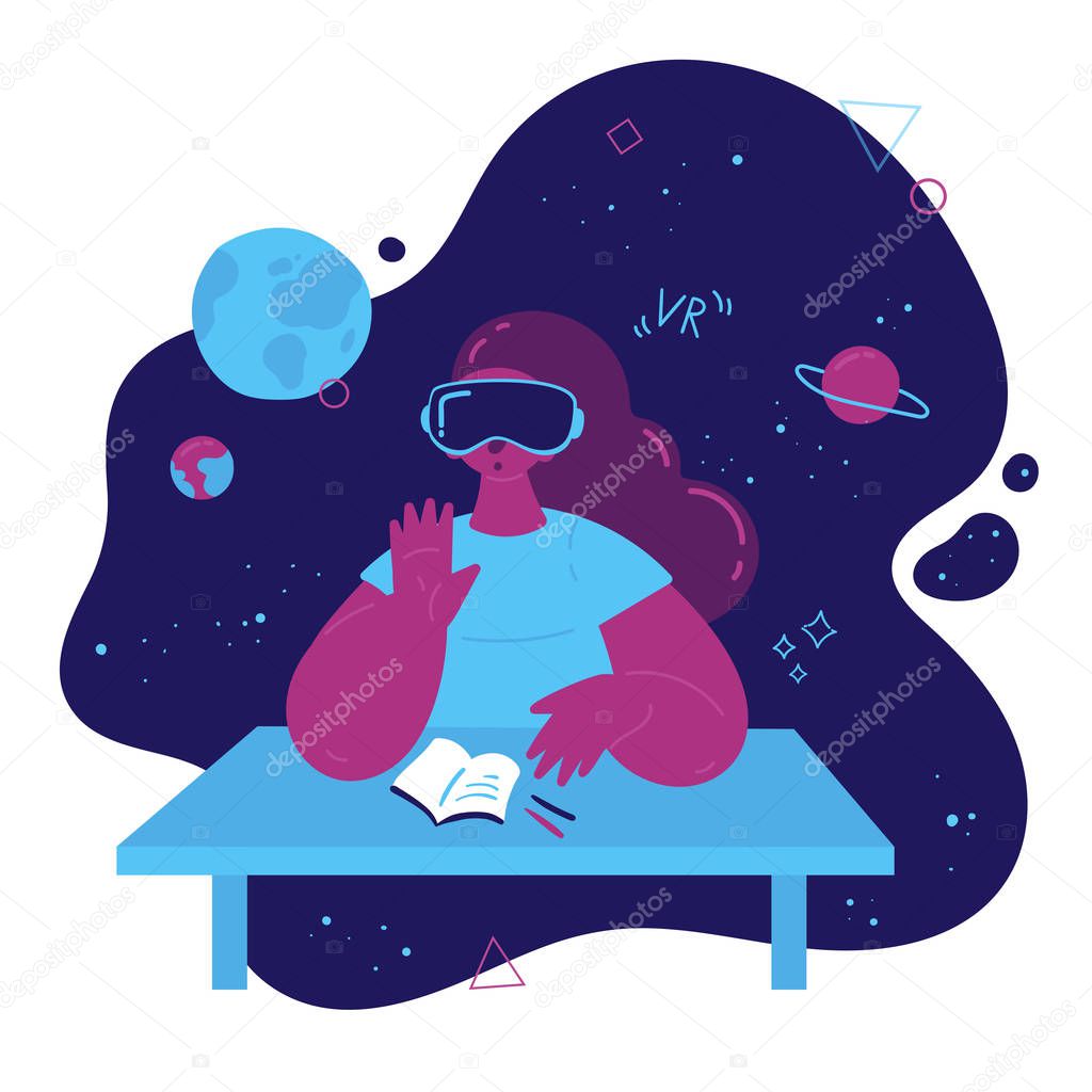 Teenage studies astronomy in vr glasses