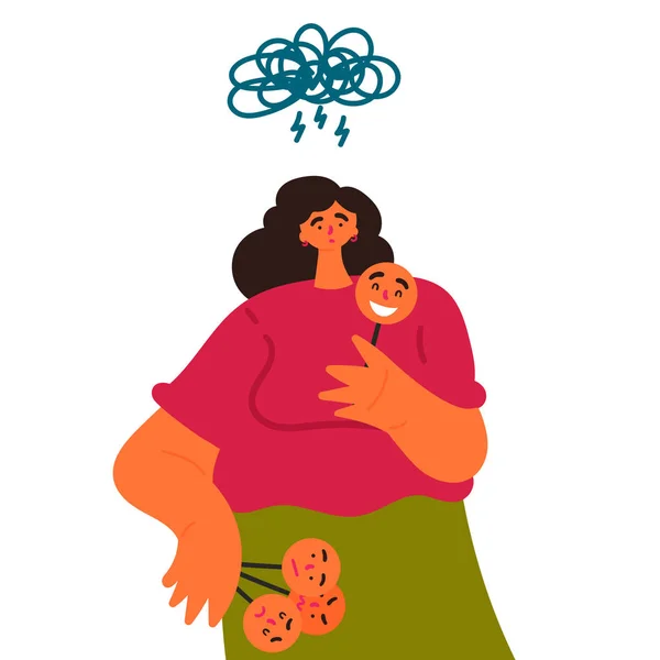 女人抱着并戴上不同情感的面具 — 图库矢量图片