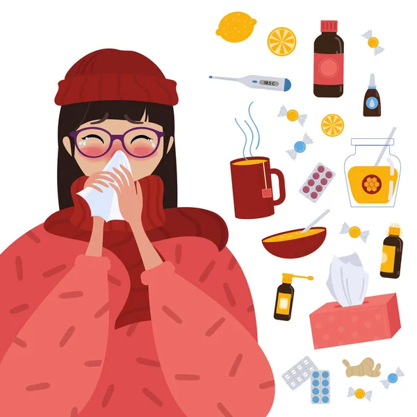 Menina em chapéu vermelho pegou gripe fria ou vírus . — Vetor de Stock