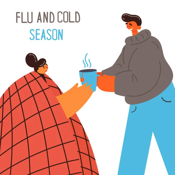 男人给感冒或感冒的女孩茶喝 — 图库矢量图片