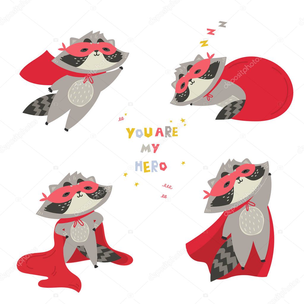 Raccoon in superhero costume in different poses