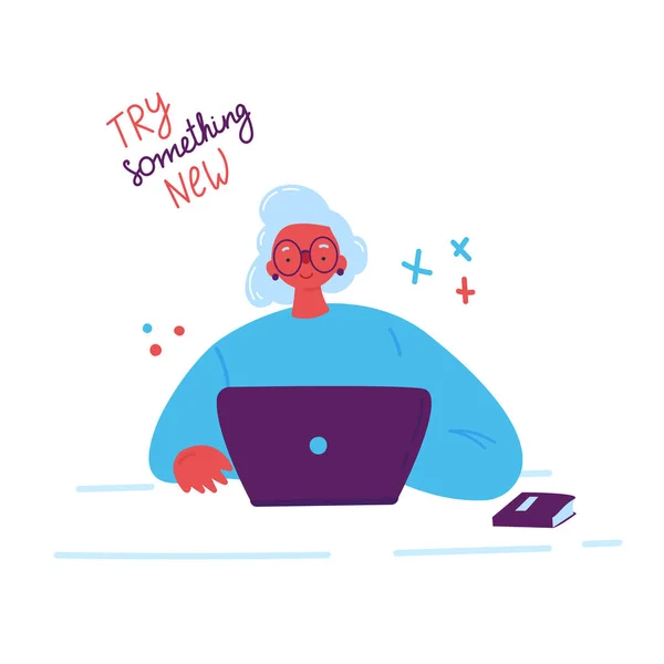 Femme plus âgée étudiant avec un ordinateur portable.Vector — Image vectorielle