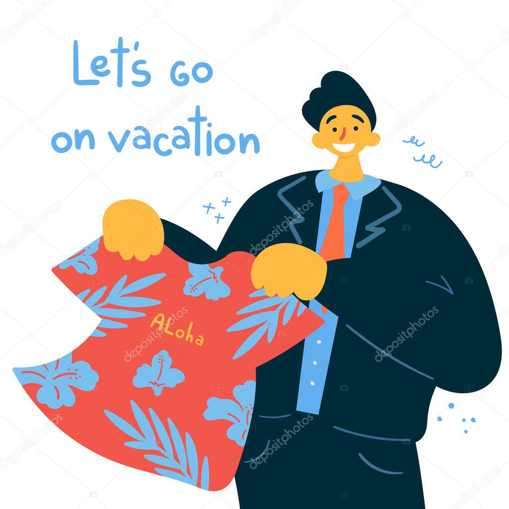 Man holding a T shirt and offering a vacation