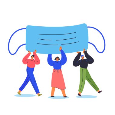 Küçük insanlar dev bir tıbbi koruyucu maske taşırlar.