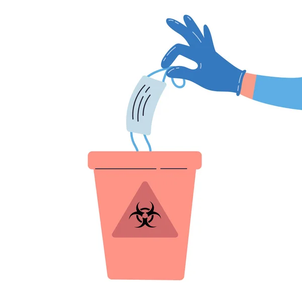 Ilustracja Wektora Odpadów Medycznych Ręczne Trzymanie Wyrzucanie Zużytej Maski Medycznej — Wektor stockowy
