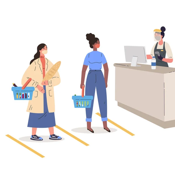 Mulheres comprando em máscaras em um supermercado —  Vetores de Stock
