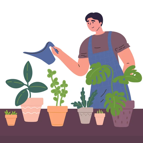 Jovem homem rega houseplants — Vetor de Stock