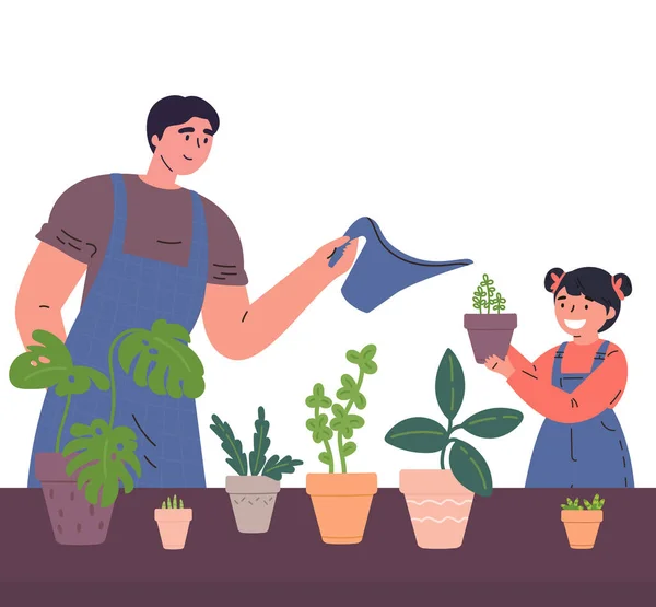 Ojciec i córka razem podlewają rośliny. — Wektor stockowy