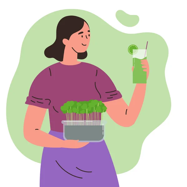 Menina Bonito Feliz Com Uma Caixa Microgreens Uma Mão Com — Vetor de Stock