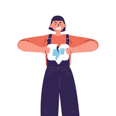 Kırık nefret düğmesi olan kızgın bir kadın. Gençlerin hoşlanmadığı şeyleri yırtması. Negatif üzücü duygular. İnternet onayı ve onayına bağımlılık..