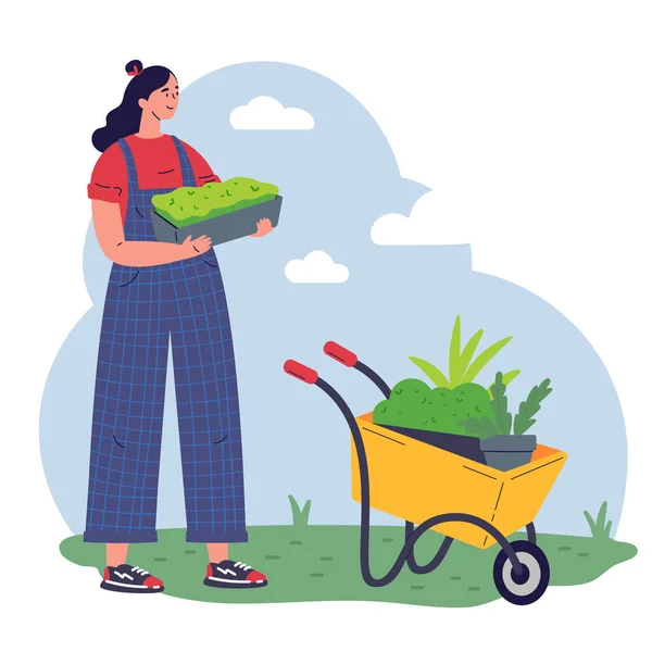 Jardinier Fille Avec Équipement Pot Avec Illustration Vectorielle Plat Travail — Image vectorielle