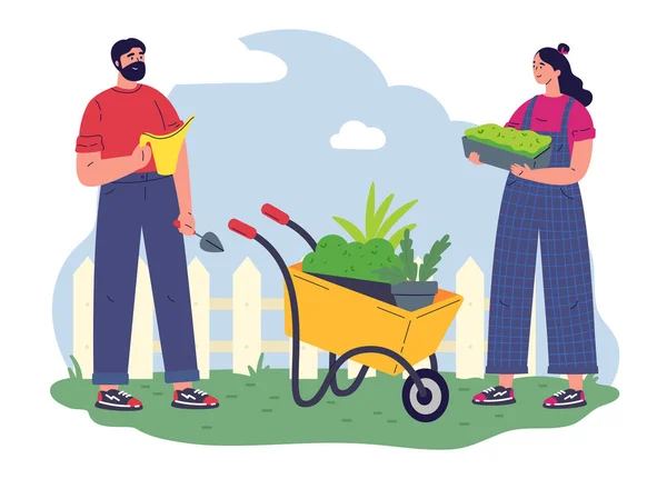Casal Jardineiros Que Trabalham Com Equipamentos Uma Panela Com Greenery — Vetor de Stock