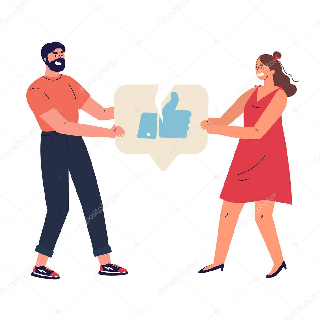 Angry woman and man with broken like icon.Characters tearing notification like icon.Addiction to internet approval and validation.Colourful vector illustration in flat cartoon style.