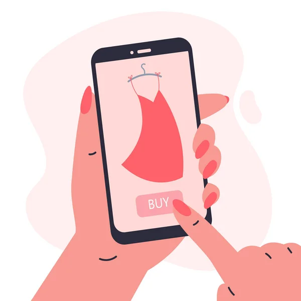 Γυναίκα κάνει online ψώνια. Τηλέφωνο στο χέρι — Διανυσματικό Αρχείο