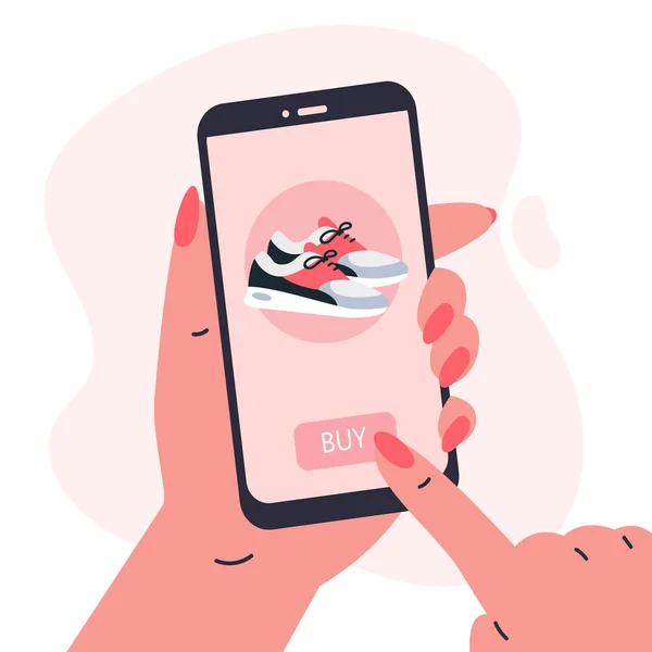 Mujer haciendo compras en línea.Teléfono en mano — Vector de stock