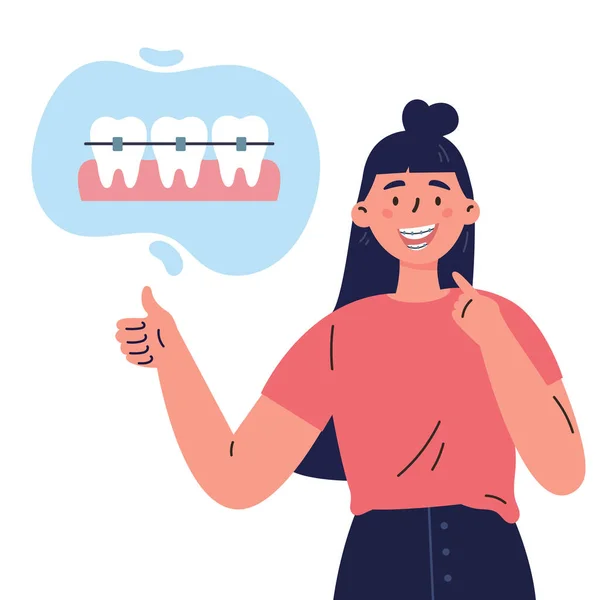 Trendy young woman with teeth braces.Dental care — Stock Vector