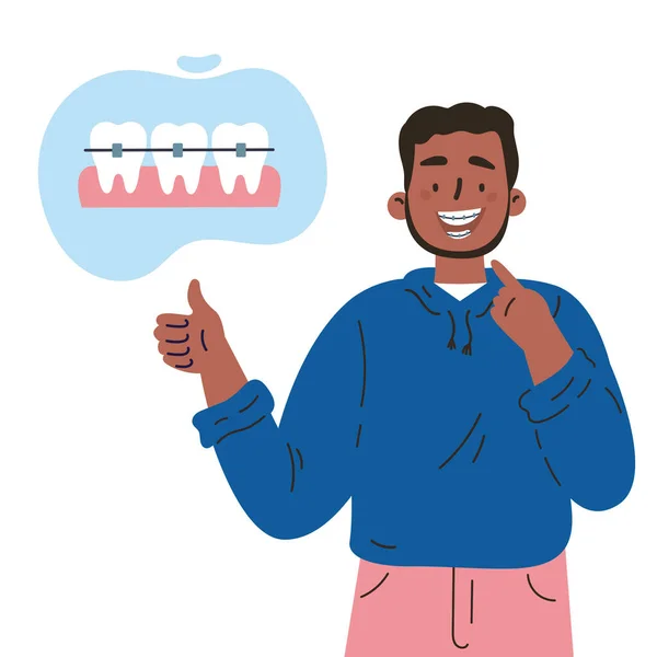 Joven de moda con abrazaderas dentales.Cuidado dental. — Vector de stock