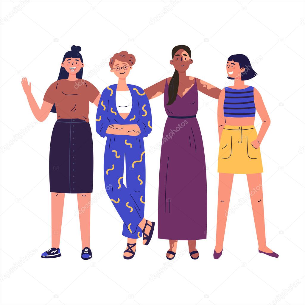 Happy women or girls standing together.Vitiligo