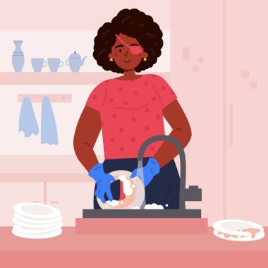 Bandajlı engelli kör kadın bulaşıkları yıkıyor.