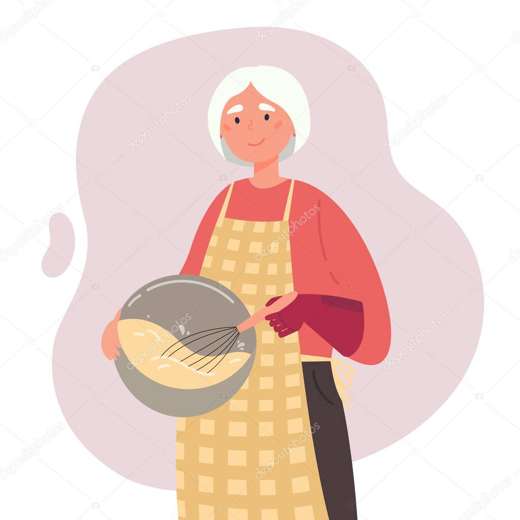 Cute old woman cooks with prosthetic arm.Elder woman hold cooking equipment. Active life of a disabled person. Grandmothers hobby.Vector flat style cartoon illustration on white background.