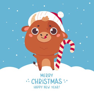 Kış manzarasında sevimli bir öküz çizgi filmi.