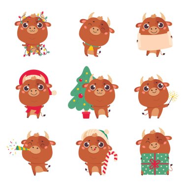 Bir çift şirin öküz ve inek. Mutlu yıllar. 