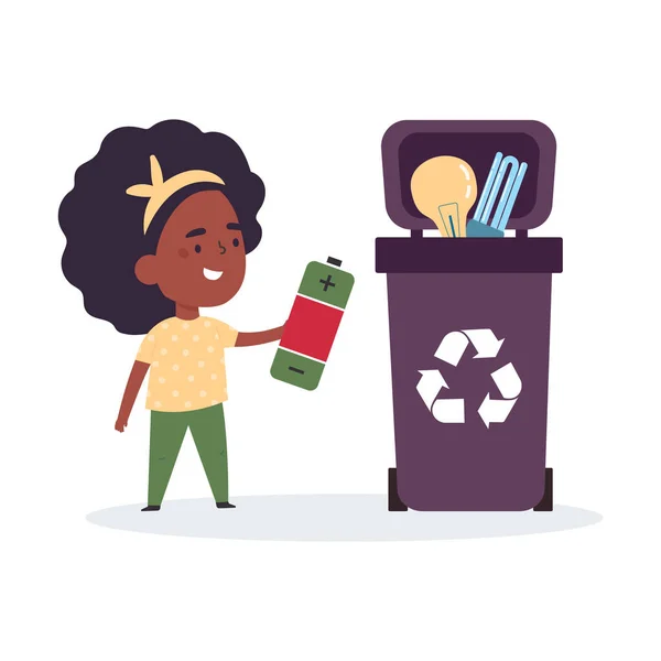 Mignon fille tri des ordures et des ordures pour le recyclage — Image vectorielle