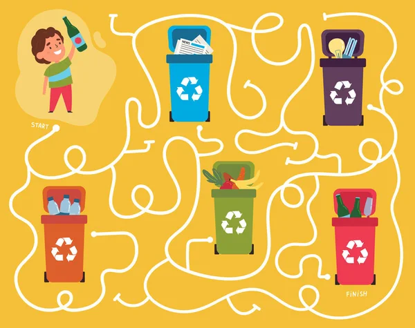 Recycling maze for kids with a solution — Stock Vector