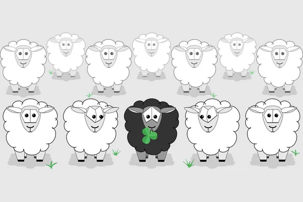Schwarze Schafe Umgeben Von Weißen Schafen — Stockvektor