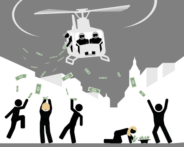 直升机向地面上的人免费投钱 — 图库矢量图片