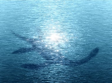 Loch Ness canavarı siluet su altında.