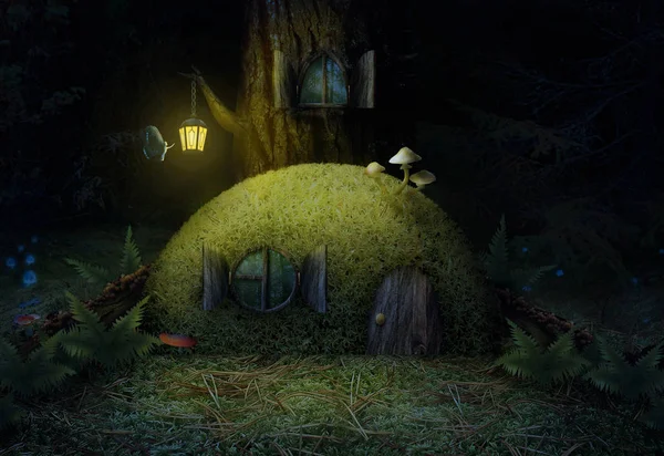 Egy mesés, zöld ház egy erdő közelében, egy fa, egy kerek ablak és a fény egy lámpást éjjel. — Stock Fotó