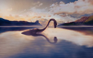 The Loch ness monster looks at his reflection in the water. clipart