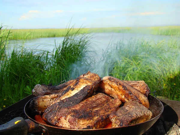 Viande appétissante cuite sur un feu dans la nature . — Photo