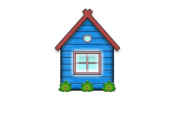 Small cute blue house of boards with a red roof on a white background. — Stock Photo, Image