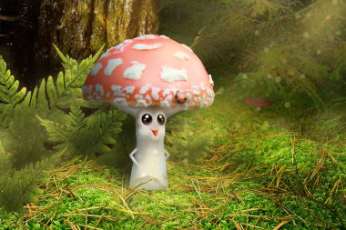 Büyük neşeli gözleri ile komik mantar Amanita, kenarında büyüdü