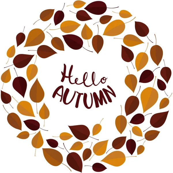 Hallo Herbst handgezeichneten Text mit Herbstblättern zu einem Kranz arrangiert umgeben. Postkartenkonzept — Stockvektor