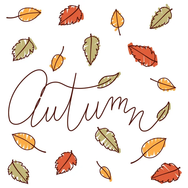 Herbst handgezeichneten Text mit farbigen Blättern umgeben. Postkartenkonzept — Stockvektor