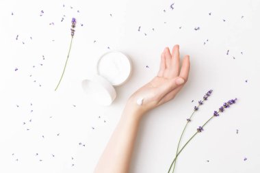 Beyaz arka planda lavanta çiçekleriyle çevrili, iyi koşullanmış kadın eli nemlendirici krem. El ve vücut bakımı kavramı