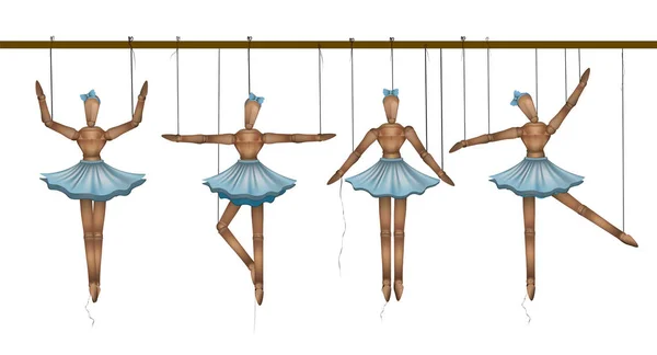 Concepto de bailarinas, conjunto de bailarinas de marionetas de madera en diferentes poses , — Vector de stock
