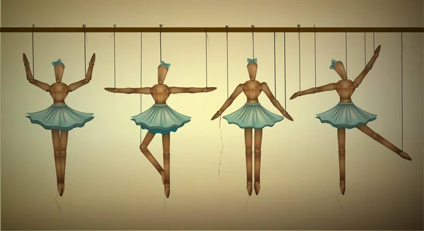 Koncept baleríny, sada dřevěných loutek tanečníků v různých pózách, — Stockový vektor