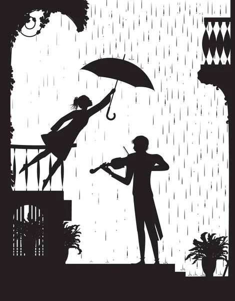 Like the melody, romantic scene in the city with violin, Girl on the balcony holding the umbrella above a violinist. Music under the rain, black and white, shadow, — Stock Vector