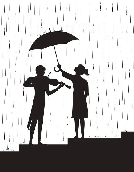 Girl holding the umbrella above a violinist. Music under the rain, black and white, shadow, — Stock Vector