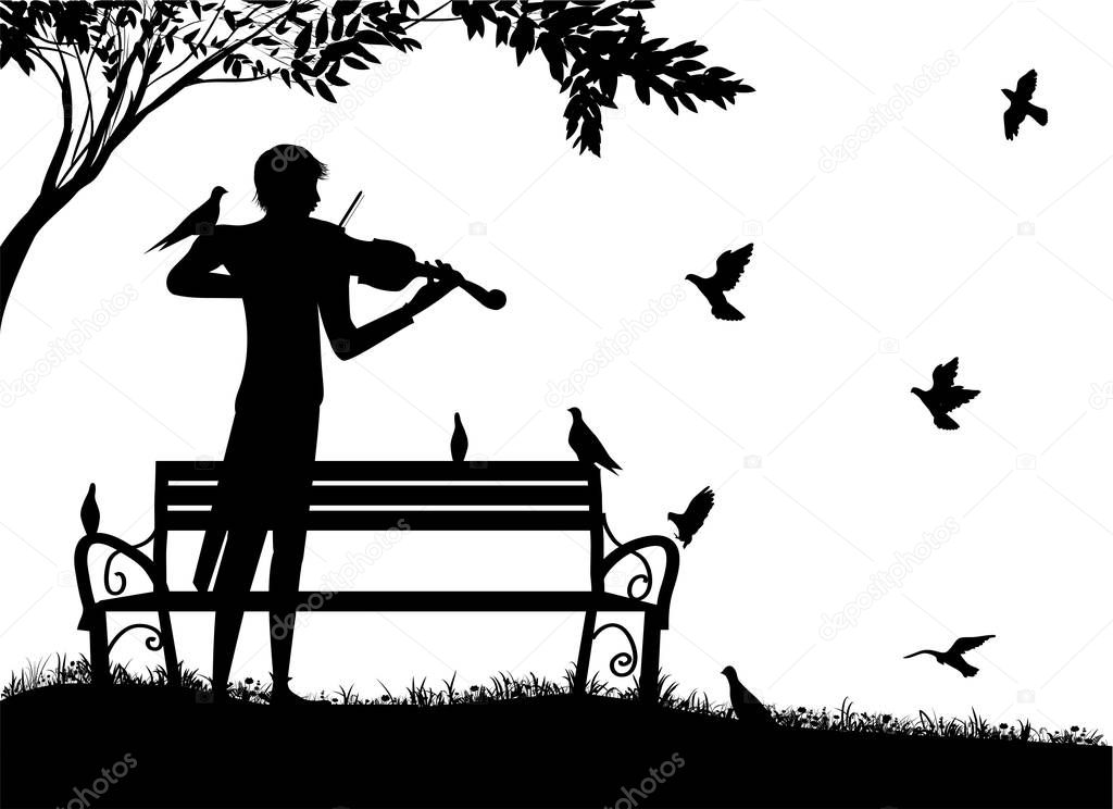 violinist plays in the park with pigeons, violin dreamer, romantic lonely melody with birds, summer nostalgic memories,
