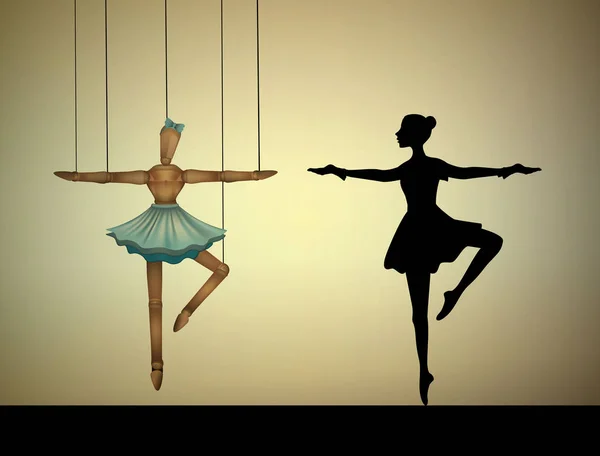 Tanzkonzept, Ballerina-Marionette zum Vergleich mit realen Personen, — Stockvektor