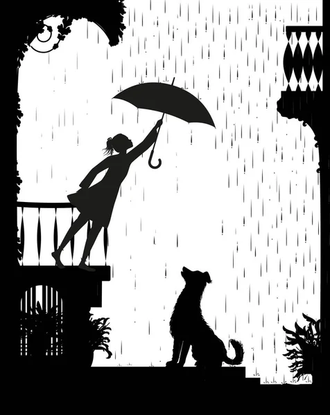 Cuidar al perro, Chica en el balcón sosteniendo el paraguas por encima del perro, mi amigo perro, blanco y negro, sombra , — Archivo Imágenes Vectoriales